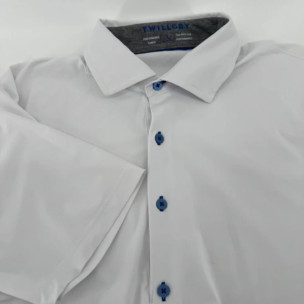 Twillory Performance Polo Mens Large White Tailored Fit Short Sleeve Blue Button
